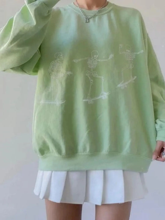 סווטשירט אובריזה עם הדפס שלד – פולאובר קז'ואל לנשים בסגנון סטריטוור