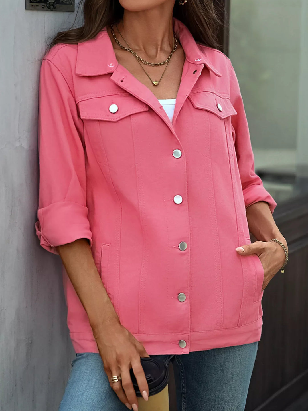 ז'קט ג'ינס מכופתר ארוך בגזרה רפויה - Washed Jean Jacket